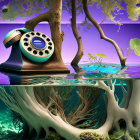 Vintage Telephone Half-Submerged with Trees and Falling Leaves