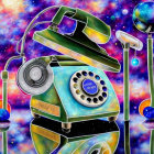 Colorful Artwork: Antique Rotary Telephone in Cosmic Setting