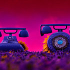 Vintage telephones with sunflowers on pink and purple background