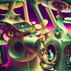 Psychedelic surreal artwork: robed figures and machine-like structure on vibrant background