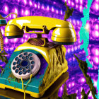 Vintage rotary phone with yellow receiver on multicolored base on psychedelic purple background.