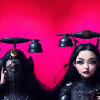 Gothic dolls in dark outfits with mechanical headpieces on pink background