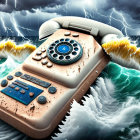 Vintage Telephone with Digital Screen Floating in Stormy Ocean Waves