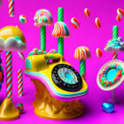 Fantasy landscape with candy-themed rotary phone on wooden stand