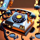 Vintage Rotary Phone with Jewel Decorations and Glowing Flowers on Orange Background