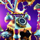 Vibrant surreal image of melting gold rotary phone on purple backdrop