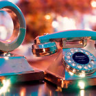 Vintage rotary phone with neon ring and warm lights ambiance