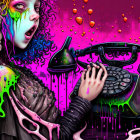 Vibrant surreal image: woman with dripping paint, melting phone in psychedelic setting