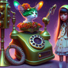 Whimsical illustration of girl in vintage diving helmet with cat on retro telephone