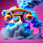 Vintage yellow rotary phone in blue smoke on pink background