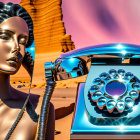 Metallic female mannequin and retro telephone in surreal desert setting