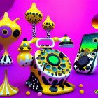 Colorful 3D illustration of abstract objects on purple background