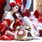 Elaborate red and white dress with feathered headdress in opulent setting