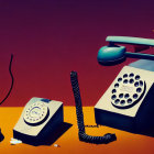 Vintage rotary telephones with handsets off, casting shadows on warm background