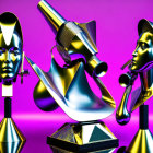 Colorful 3D illustration of metallic objects on purple background