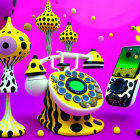 Colorful 3D rendering: retro phone, mushrooms, smartphone, pink background