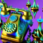 Vivid surreal image: Golden retro telephone, psychedelic patterns, floating objects, fractal shapes, purple