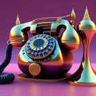 Colorful surreal image with metallic retro-futuristic telephone, stylized tree, cone structure, and