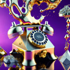 Surreal golden robotic figure with floating debris on purple background