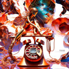 Surreal artwork: Metallic female figure on rotary phone with blue skin, orange flowers.