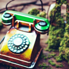 Vintage Green Rotary Telephone on Moss-Covered Wooden Surface