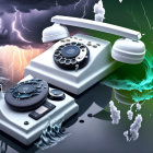 Surreal artwork of classic telephones in stormy seascape