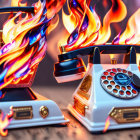 Vintage Telephone Engulfed in Realistic Flames on Wooden Surface