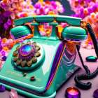 Colorful Retro-Style Telephone with Ornate Details and Floral Surroundings