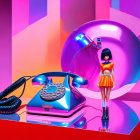 Vibrant digital artwork with retro telephone, robotic head, and magnifying glass character