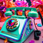 Colorful Vintage Telephone with Metallic Flowers and Liquid Splatters