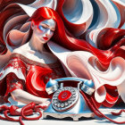 Surreal image of woman with red hair merged with swirling red and white patterns