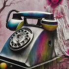 Vintage Rotary Phone with Iridescent Sheen and Blurred Child in Surreal Setting