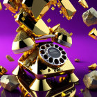 Golden revolver breaking into pieces on purple background with floating fragments