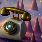 Vintage Rotary Phone with Cosmic Design and Planets on Starry Background