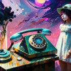 Girl in white dress next to vintage rotary phone with cosmic and floral background