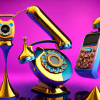 Colorful vintage telecommunications devices on purple backdrop