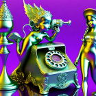 Futuristic Winged Female Figure with Vintage Telephone in Purple Setting