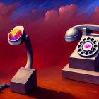 Stylized artwork featuring vintage telephones on red-orange background