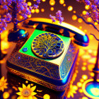 Vintage Rotary Phone with Golden and Blue Patterns in Warm Ambient Light