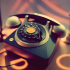 Classic rotary dial telephone on wooden surface with soft lighting