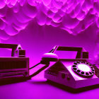 Vintage reel-to-reel tape recorder, rotary phone, and headphones on retro-futuristic pink-purple