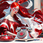 Stylized image of woman with flowing red hair and vintage red telephone