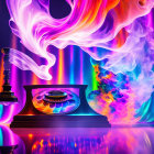 Colorful Smoke Swirling Around Vintage Rotary Phone on Vibrant Multicolored Backdrop