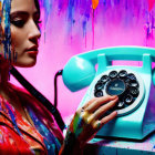 Colorful Woman Poses with Paint and Vintage Blue Telephone on Vibrant Background