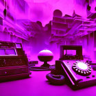 Retro-futuristic scene with pinball machine, rotary phone, crystal ball in purple light.