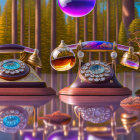 Vintage Telephones in Mystical Forest with Colorful Orbs and Purple Sky