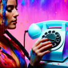 Woman with colorful paint splatters and headphones near vintage blue rotary phone on pink and blue backdrop