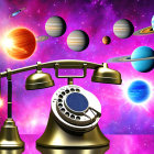 Vintage Rotary Telephone with Cosmic Planets and Stars Background