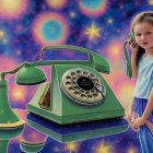 Young girl smiling with vintage green telephone against cosmic background