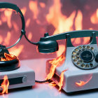 Vintage telephones engulfed in flames on a fiery desk.